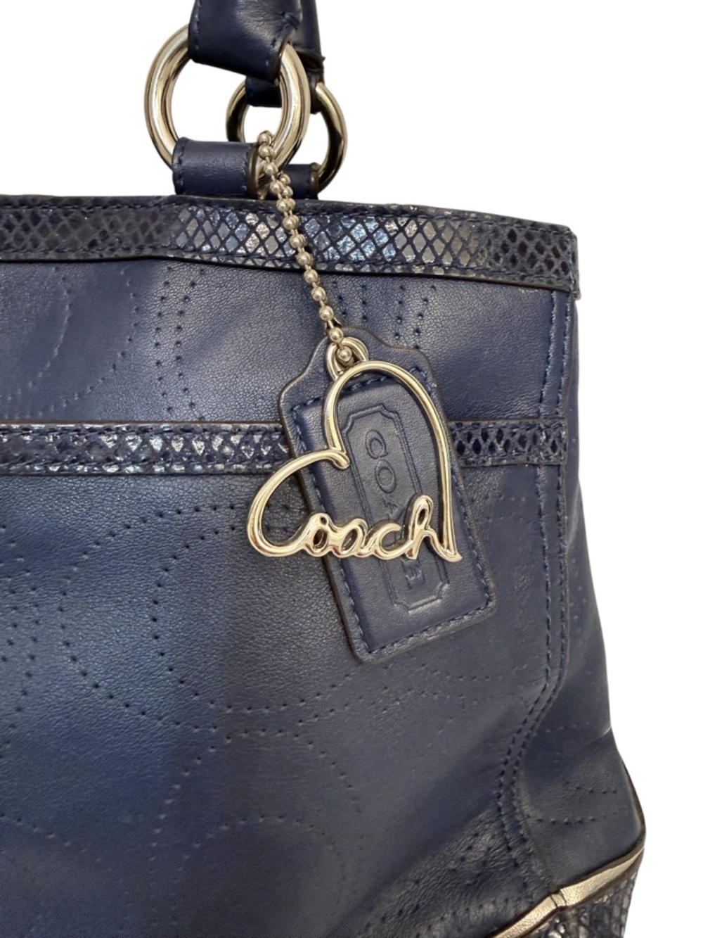 Coach Navy Leather Tote with Heart Charm Accent - Picture 3 of 13